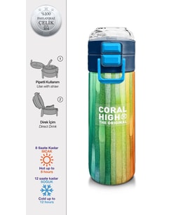 Coral High Erkek Çocuk İçin 500 ml'lik Paslanmaz Çelik Termos/Suluk - Lacivert Renkli Çizgili Desenli