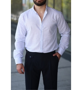 Çizgili Keten Gömlek (Mavi)
