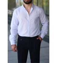 Çizgili Keten Gömlek (Mavi)