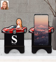 BK Gift Kişiye Özel Plakalı Kadın Ferrari F12 Karikatürlü Ahşap Biblo Telefon Standı-1