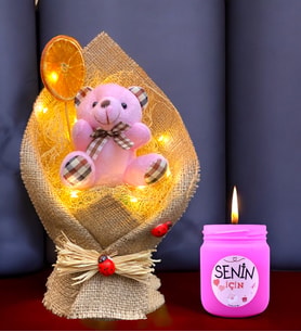 Led Işıklı Pembe Peluş Ayıcık Buketi & Kokulu Mum Hediye Seti (Pembe)