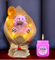 Led Işıklı Pembe Peluş Ayıcık Buketi & Kokulu Mum Hediye Seti (Pembe)