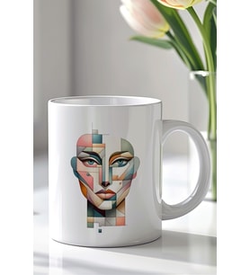 Geometrik Kadın Yüzü Desenli 330ml Baskılı Beyaz Seramik Kupa Bardak