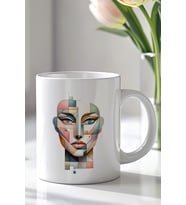 Geometrik Kadın Yüzü Desenli 330ml Baskılı Beyaz Seramik Kupa Bardak