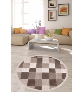 Geometrik Kare Desenli Dijital Baskı Yıkanabilir Kaymaz Taban Yuvarlak Salon ve Hol Halısı (Kahverengi)