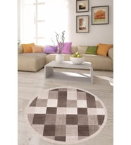 Geometrik Kare Desenli Dijital Baskı Yıkanabilir Kaymaz Taban Yuvarlak Salon ve Hol Halısı (Kahverengi)