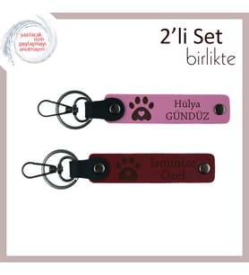 Sevgilinizle Ortak Kullanıma Uygun, Kalpli Pati Motifli Deri Anahtarlık Takımı, Pembe-Bordo