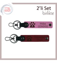 Sevgilinizle Ortak Kullanıma Uygun, Kalpli Pati Motifli Deri Anahtarlık Takımı, Pembe-Bordo