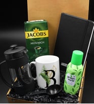 Kişiye Özel Harf Tasarımlı Kupa & French Press & 250 Gram Jacobs Filtre Kahve & Kişiye Özel Siyah Defter & Green World Kolonya