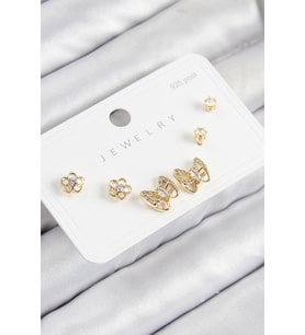 Pirinç Zirkon Taşlı Kelebek Model Gold Renk 925 Ayar Gümüş Çivi Kadın Küpe Set (Altın)