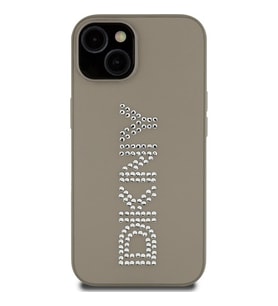 Apple iPhone 14 Uyumlu Kılıf DKNY Orjinal Lisanslı Taşlı DKNY Yazılı Metalik Rhinestones PU Deri Kapak (Kahverengi)