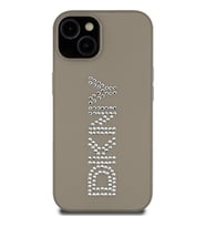 Apple iPhone 14 Uyumlu Kılıf DKNY Orjinal Lisanslı Taşlı DKNY Yazılı Metalik Rhinestones PU Deri Kapak (Kahverengi)