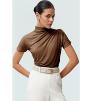 Polyester Elastan Örme Bluz Dik Yaka Fitted Kısa Kollu Yazlık Yüksek Kalite Rahat Kullanım