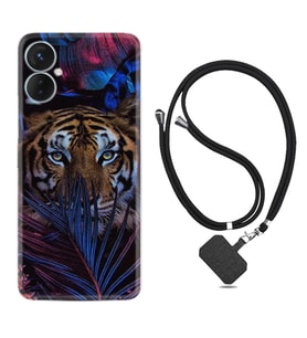 Tecno Spark 9T Kılıf Resimli Boyun Askılı İpli Desenli Silikon Flowers Tiger 1319