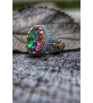 Erkek Gümüş Otantik İşlemeli Mistik Topaz Taşlı Yüzük