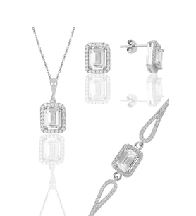 Söğütlü Silver Gümüş rodyumlu zirkon taşlı baget kesim üçlü set