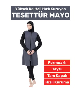 Özel Üretim Yüksek Kaliteli Konforlu Fermuarlı Taytlı Tam Kapalı Yüzücü Deniz Havuz TESETTÜR MAYO (Gri)