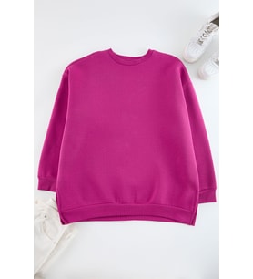 Büyük Beden Oversize Bisiklet Yaka Standart Kol Kalın İçi Polarlı Yırtmaçlı Örme Sweatshirt