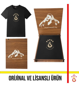 Galatasaray Lisanslı 2025 Logolu Şampiyonluk Siyah T-Shirt Hediye Icardi Ahşap Kutulu