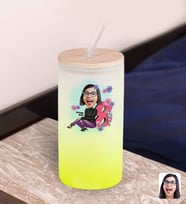 BK Gift Kadınlar Gününe Özel Karikatürlü Sarı Renk Pipetli Buzlu Cam Bardak 600ml - 1, 8 Mart Kadınlar Günü