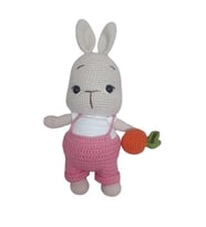 Pembe Tulumlu Havuçlu Bal Yanak Tavşan Amigurumi Organik Oyuncak