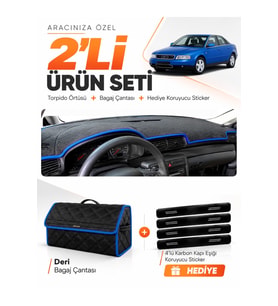 AUDI A4 (1994-2001) Uyumlu Torpido Örtüsü + Deri Bagaj Çantası + Sticker Seti - Siyah Mavi