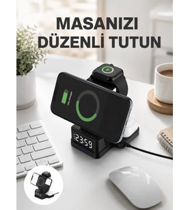 Dijital Saatli Kablosuz Şarj İstasyonu – 3’ü 1 Arada Uyumlu Hızlı Şarj ve LED Ekran Yeni Nesil