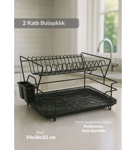 2 Katlı Bulaşıklık Çelik Tezgah Üstü Tabaklık BPA FREE Bulaşık Sepeti Kurutmalık Siyah