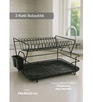 2 Katlı Bulaşıklık Çelik Tezgah Üstü Tabaklık BPA FREE Bulaşık Sepeti Kurutmalık Siyah