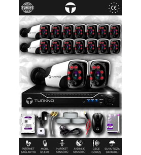 TURKNO 16 Kameralı Pania 16 Dış Kamera Set 500 GB HDD Full HD Gece Görüşlü Güvenlik Kamerası Sistemi