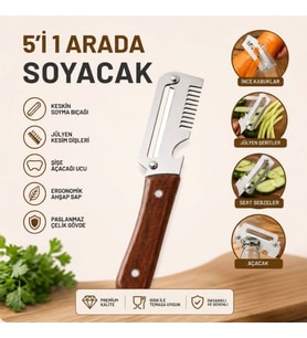 5&amp;#39;i 1 Arada Çok Fonksiyonlu Sebze ve Patates Soyucu, Paslanmaz Çelik Bıçaklı, Ahşap Saplı Mutfak Jülyen Soyacak, Şişe Açacağı (5680)
