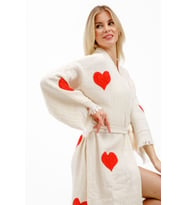 Müslin Kimono %100 Pamuklu Kalp Baskılı Desenli Bornoz Kaftan Sabahlık (Ekru)