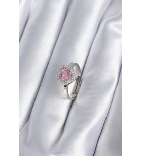 Pirinç Gümüş Renk Pembe Zirkon Taşlı Charm Model Kadın Yüzük - TJ-BYK2864
