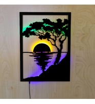 50x70cm- Gün Batımı Manzara Led Işıklı Dekoratif Ahşap Tablo DT9788