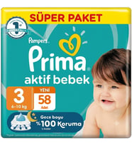 Prima 3 Beden Aktif Bebek Bezi Süper Paket 58 Adet
