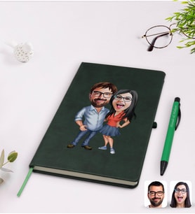 BK Gift Kişiye Özel Sevgililer Karikatürlü Yeşil Termo Deri Defter Kalem Seti Model 105