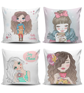 Alkanhomes Fashion Girl Kızları 4 lü Kombin Dijital Baskılı Kırlent Kılıfı