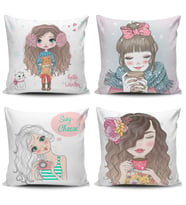 Alkanhomes Fashion Girl Kızları 4 lü Kombin Dijital Baskılı Kırlent Kılıfı