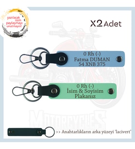 Yol Tutkunu İçin, İsim Plaka ve 0 Rh (-) Kan Grubu Kişiselleştirilmiş x2 Anahtarlık, Yeşil-Mavi-Laci
