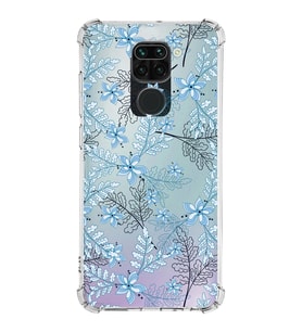 Xiaomi Redmi Note 9 Köşe Korumalı Antişok Kapak Floral Mavi Tasarımlı Şeffaf Silikon Kılıf
