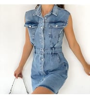 Lady Special Kadın Mavi Kısa Kollu Önden Düğmeli Denim Kot Gömlek Elbise