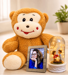 Kişiye Özel Fotoğraflı LED Işıklı Kalp Tutan Aşıklar Fanus ve Sevimli Peluş Maymun Sevgiliye Kadına Hediye