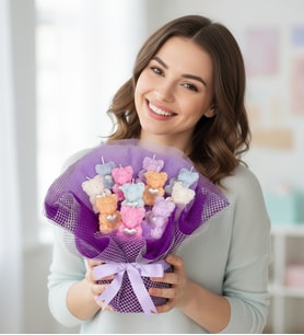 Premium El Emeği Renkli Sevimli Ayıcıklar Mum Buketi
