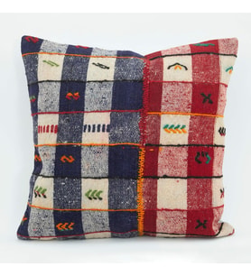 Mavi Patchwork Stil El Dokuma Yastık Kılıfı Geometrik Desenli Yün Pamuk Dokulu Tasarım