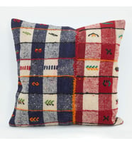 Mavi Patchwork Stil El Dokuma Yastık Kılıfı Geometrik Desenli Yün Pamuk Dokulu Tasarım