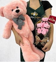 Kişiye Özel Fotoğraflı 3'lü Peluş Ayıcık Buketi ve Büyük Boy Pembe Peluş Ayıcık (Model 1)