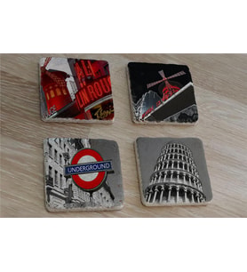 Moulin Rouge Pisa Kulesi ve Londra Metro Girişi Doğal Taş Bardak Altlığı 4'lü set - Natural Stone Coasters