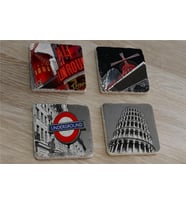Moulin Rouge Pisa Kulesi ve Londra Metro Girişi Doğal Taş Bardak Altlığı 4'lü set - Natural Stone Coasters
