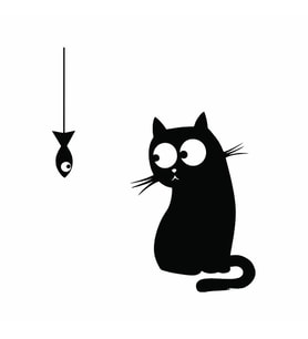 Kedi ve Balık Buzdolabı Stickerı – Siyah Siluet Tasarım 17x17cm