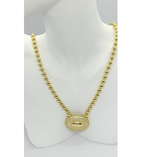 Yarım Top Zincir Taşlı Oval Detaylı Gold Kolye (47+5 cm)